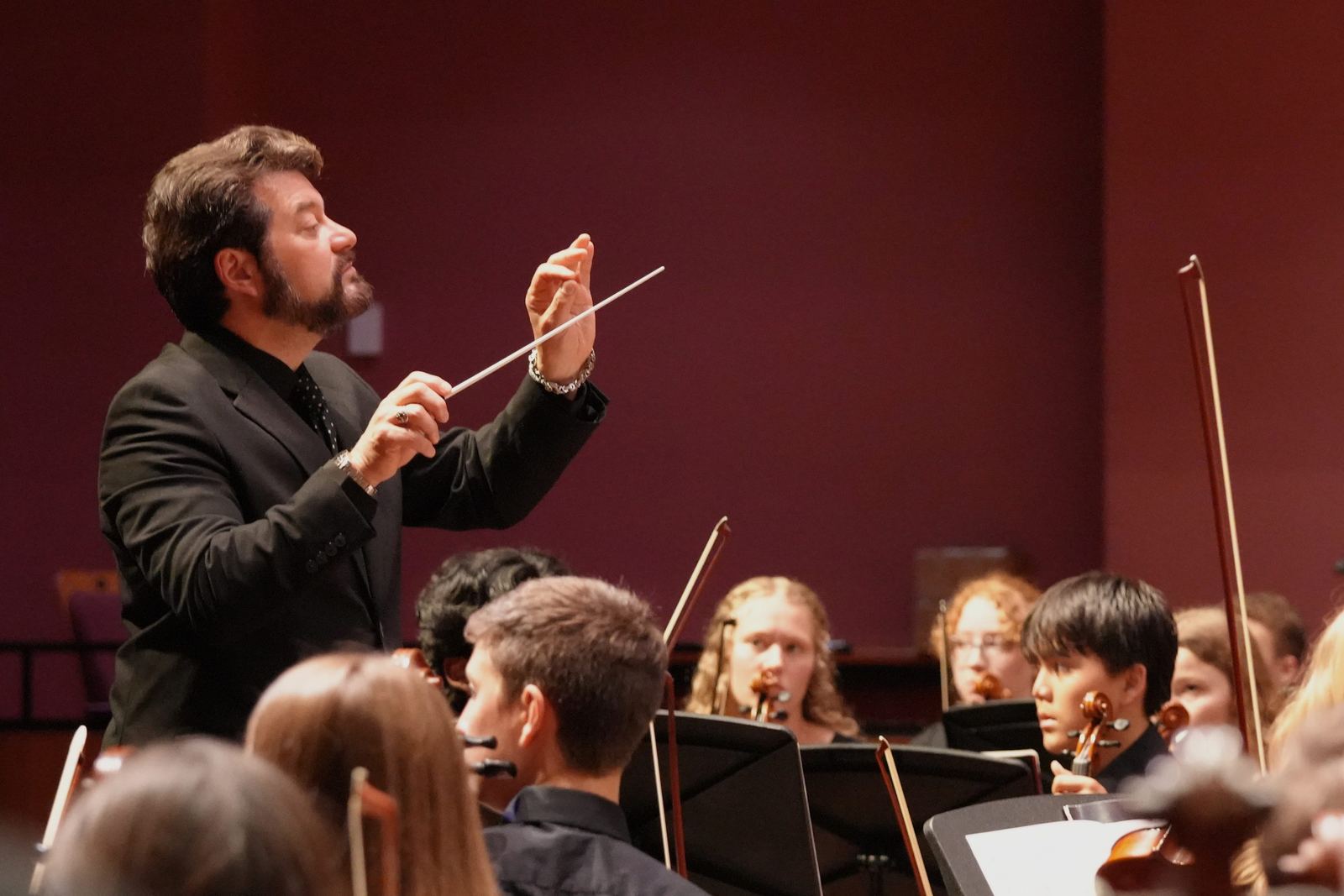 Conductor mid gesture with the string section in the foreground