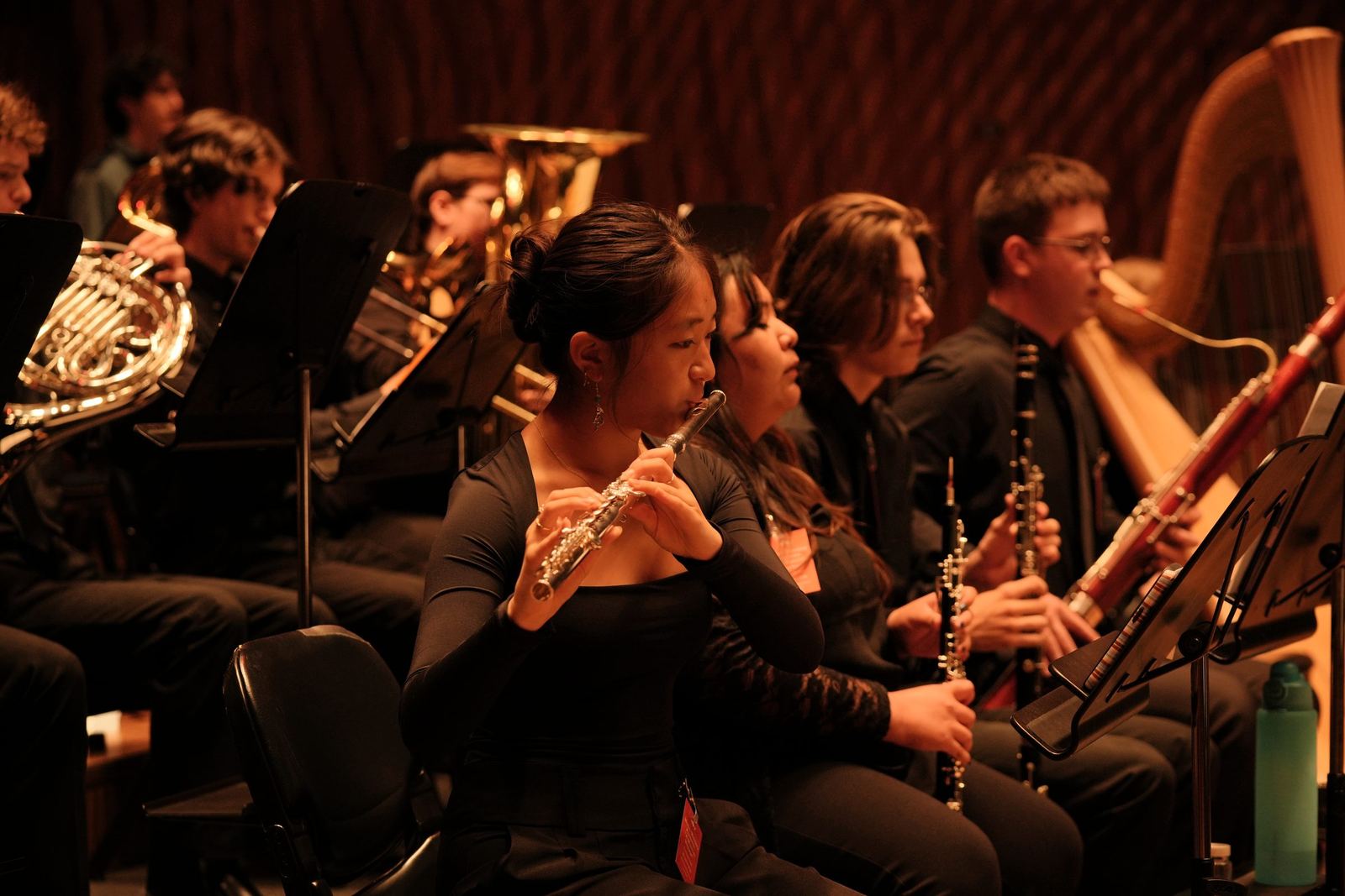 Woodwind section, flautist in focus